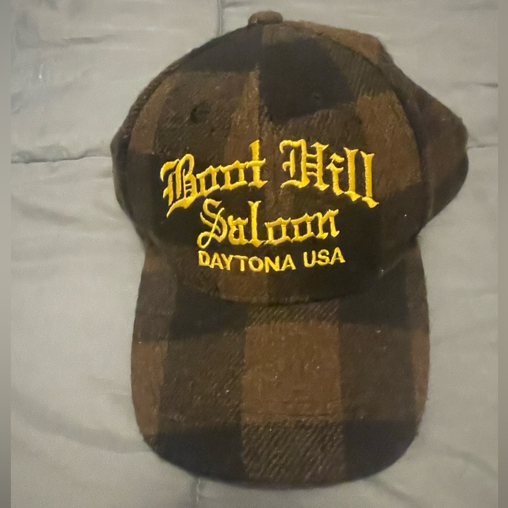 Boot Hill Saloon brown/Black felt hat, Daytona Beach, Yellow writing NWOT unisex